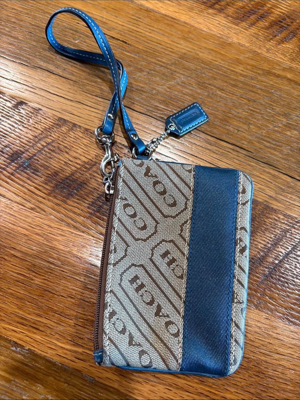 Coach Tan Monogram Canvas Card Case with Blue Leather Strap